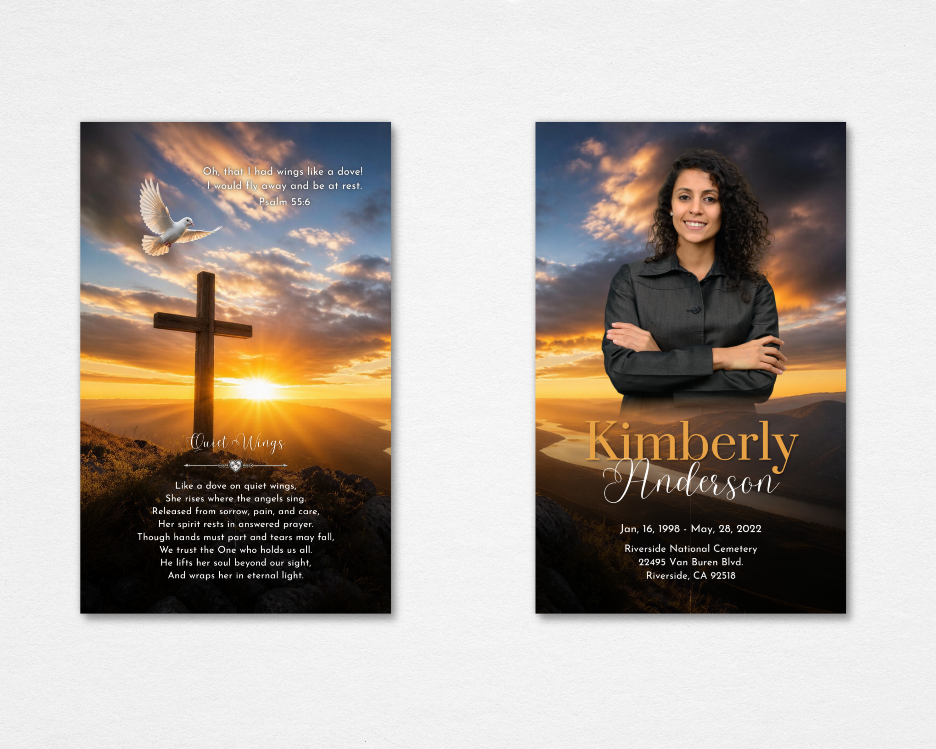 Cross and Dove Memorial Prayer Card Template | Golden Sunset Cross ...